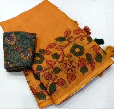 Mustard Linen Kalamkari Style Printed Saree